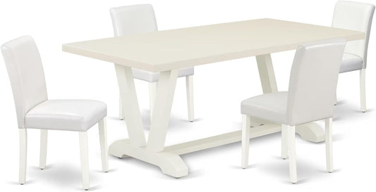 East West Furniture V027AB264-5 5 Piece Dinette Set Includes a Rectangle Dining Room Table with V-Legs and 4 White Faux Leather Upholstered Parson Chairs, 40x72 Inch, Multi-Color