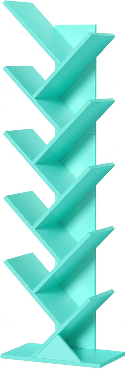 10 Tier Tree Book Shelf, Floor Standing Wood Bookshelf for Narrow Space, Storage Organizer Bookshelves for Books/CDs/Magazine, Bookcase with Shelves for Home Office, Living Room - Green