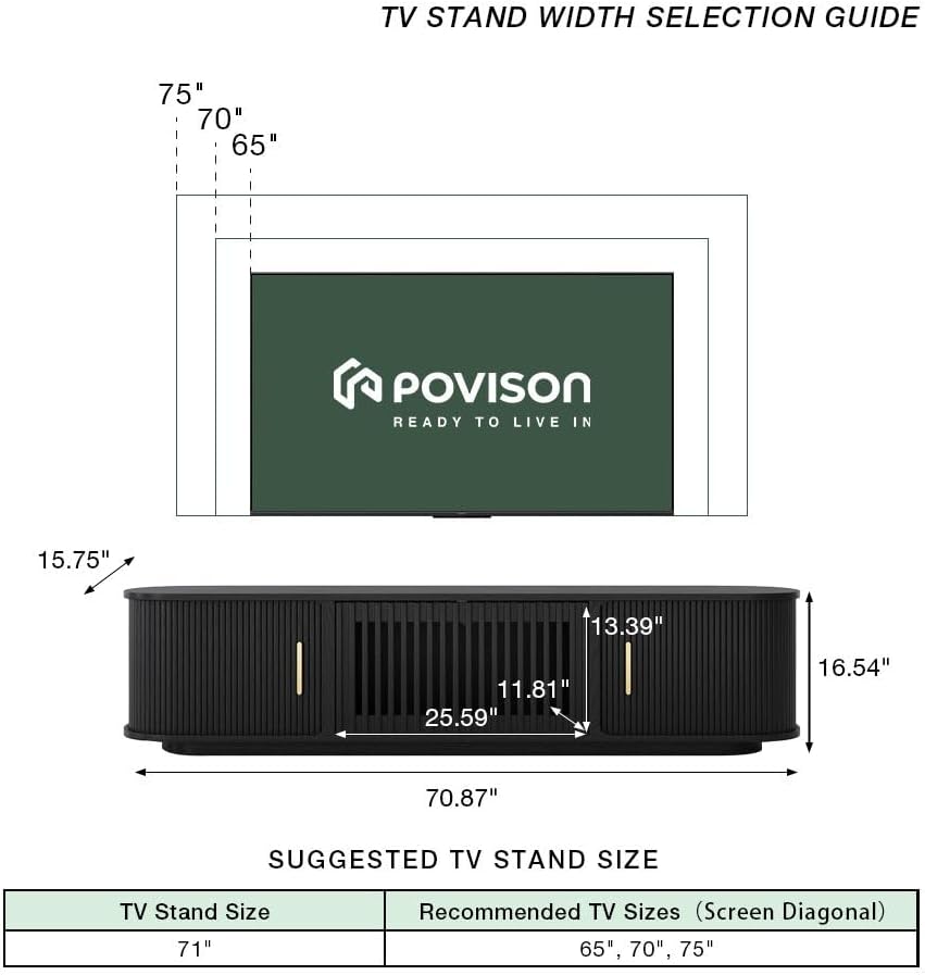 POVISON Fully-Assembled Mid-Century Modern Tambour Door TV Stand, Wood TV Console, Entertainment Center with Storage for 70 inch TV, Media Console for Living Room