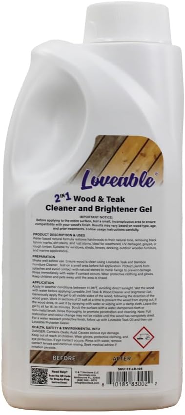 EcoDecors Loveable 2 in 1 Wood & Teak Cleaner and Brightener Gel, 1 L, for Outdoor Use, Cleans, Renews, and Refreshes Outdoor Wood