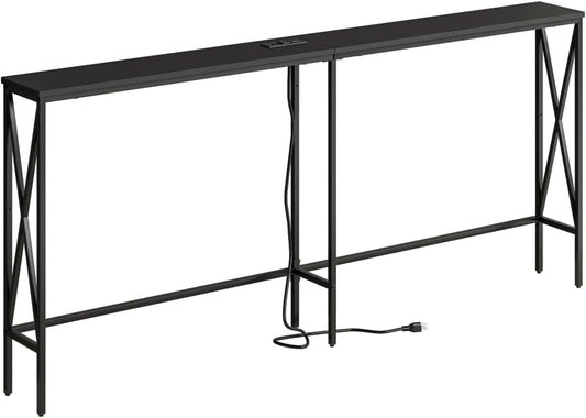 Masupu 70.9" Console Table with Power Outlet, Modern Narrow Long Sofa Table Behind Couch, Skinny Entry Table, Industrial Sofa Table with Metal Frame for Hallway, Living Room, Classic Black