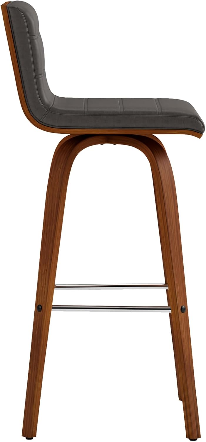 Armen Living Vienna Mid-Century Modern 30" Bar height Barstool Faux Leather Wood Finish, Grey/Walnut