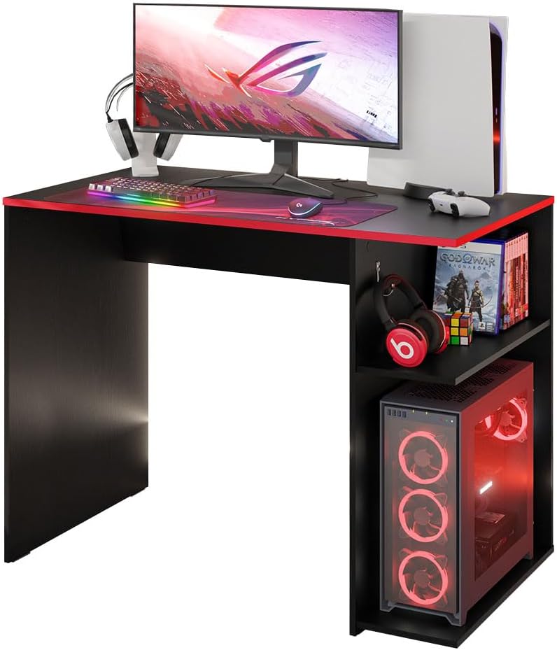 Madesa Gaming Computer Desk 39 Inch with 2 Shelves and Headphone Hanger Wooden Sturdy Home Office Table for Kids and Adults - Black/Red
