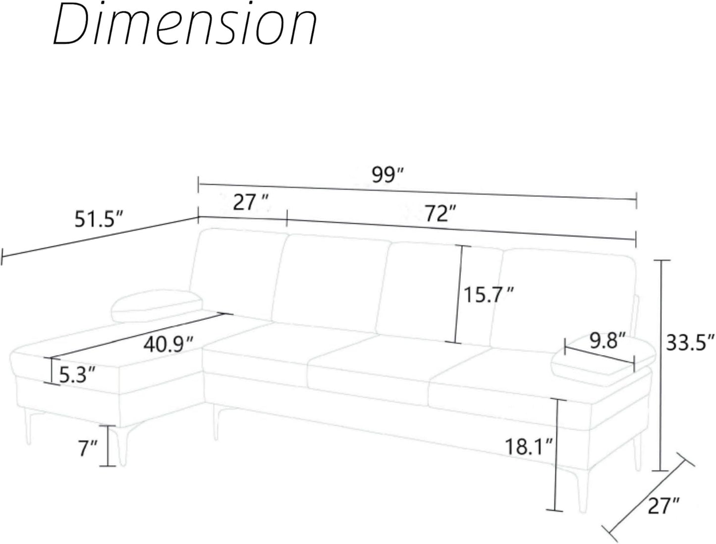 L Shape Sofa with Chaise, 4 Seat Living Room Sofa Set with Golden Wooden Leg, Sectional Couch with Fluffy Fabric, for Living Room, Apartment, Off-White