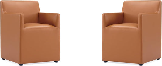 Manhattan Comfort Anna Square Modern Dining Chair with Arms, Head-to-Toe Faux Leather Upholstered Accent Armchair with Plastic Foot Padding, Set of 2, Saddle