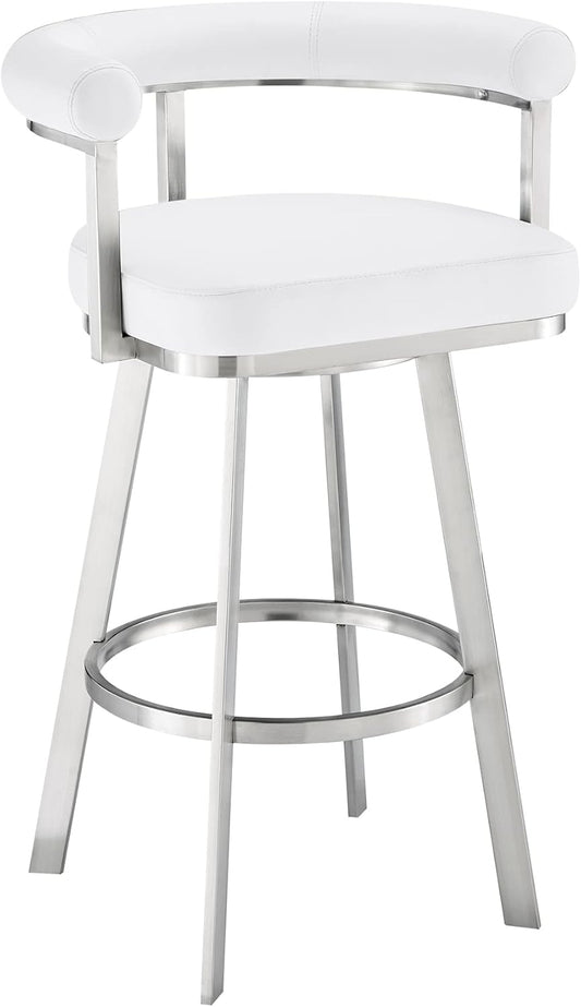 Armen Living Magnolia Swivel Bar Stool in Brushed Stainless Steel with White Faux Leather