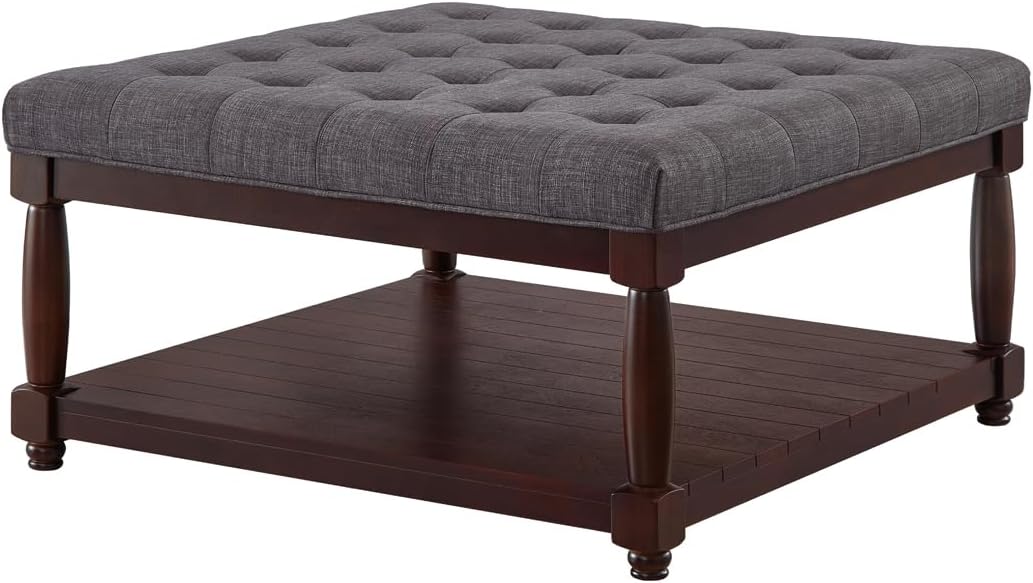 24KF Upholstered Square Coffee Table with Wooden Shelf, Tufted Button Large Square Ottoman with Spindle Wooden Legs, Linen Large Footrest Ottoman Pouf for Living Room, Dark Gray