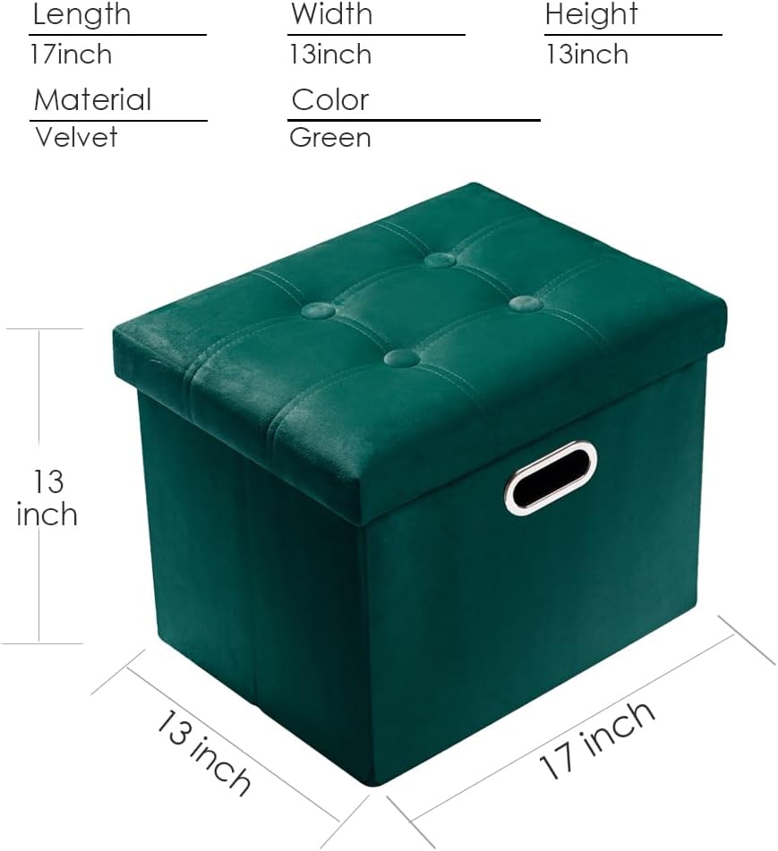 PRANDOM Ottoman with Storage [1-Pack] Velvet Folding Small Square Foot Stool with Lid for Living Room Bedroom Coffee Table Dorm Green 17x13x13 inches