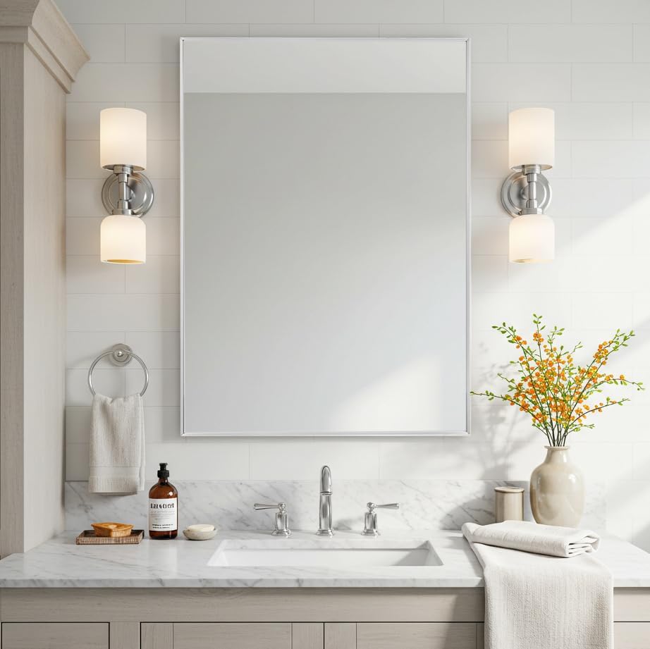 26x36 Inch Silver Bathroom Mirror - Copper-Free Mirror, Aluminum Alloy Frame Vanity Rectangle Wall Mounted Modern Mirror for Bedroom/Living Room/Porch Horizontal or Vertical
