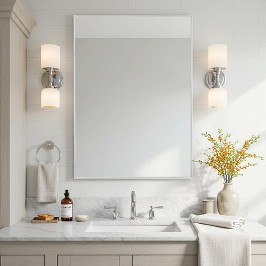 26x36 Inch Silver Bathroom Mirror - Copper-Free Mirror, Aluminum Alloy Frame Vanity Rectangle Wall Mounted Modern Mirror for Bedroom/Living Room/Porch Horizontal or Vertical