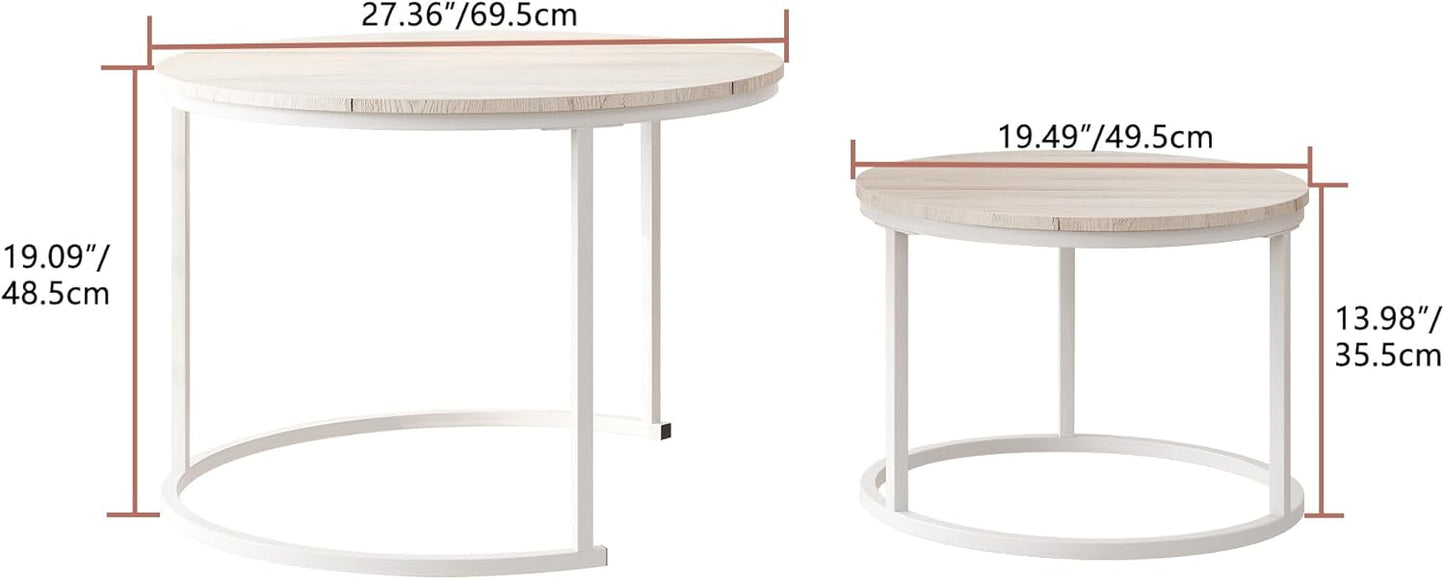 Round Coffee Table Set of 2 End Tables for Living Room,Modern White Coffee Table Nesting Tables,Living Room Tables Wood Furniture Metal Frame,Sturdy Stacking Side Tables,Easy Assembly,Oak