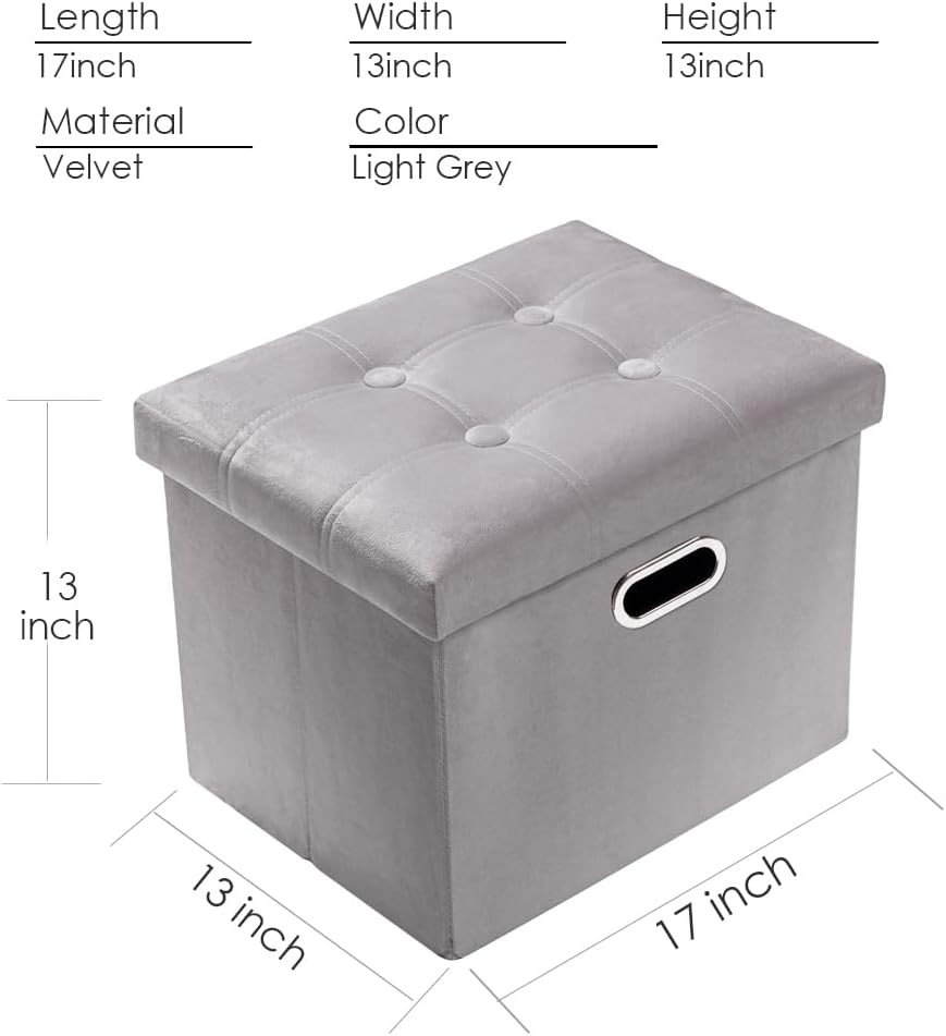 PRANDOM Ottoman with Storage [1-Pack] Velvet Folding Small Square Foot Stool with Lid for Living Room Bedroom Coffee Table Dorm Light Grey 17x13x13 inches