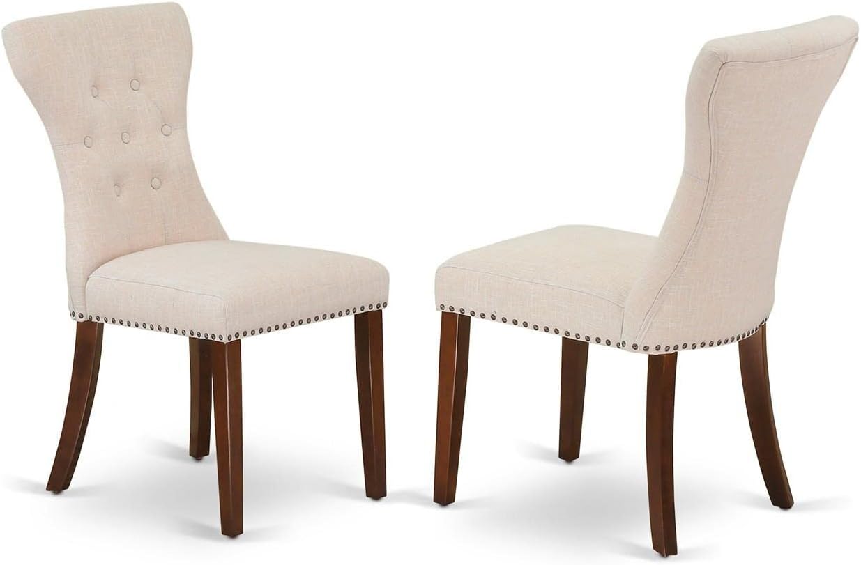 East West Furniture HLGA3-MAH-32 3 Piece Dining Room Table Set Contains a Round Dining Table with Pedestal and 2 Light Beige Linen Fabric Upholstered Chairs, 42x42 Inch, Mahogany