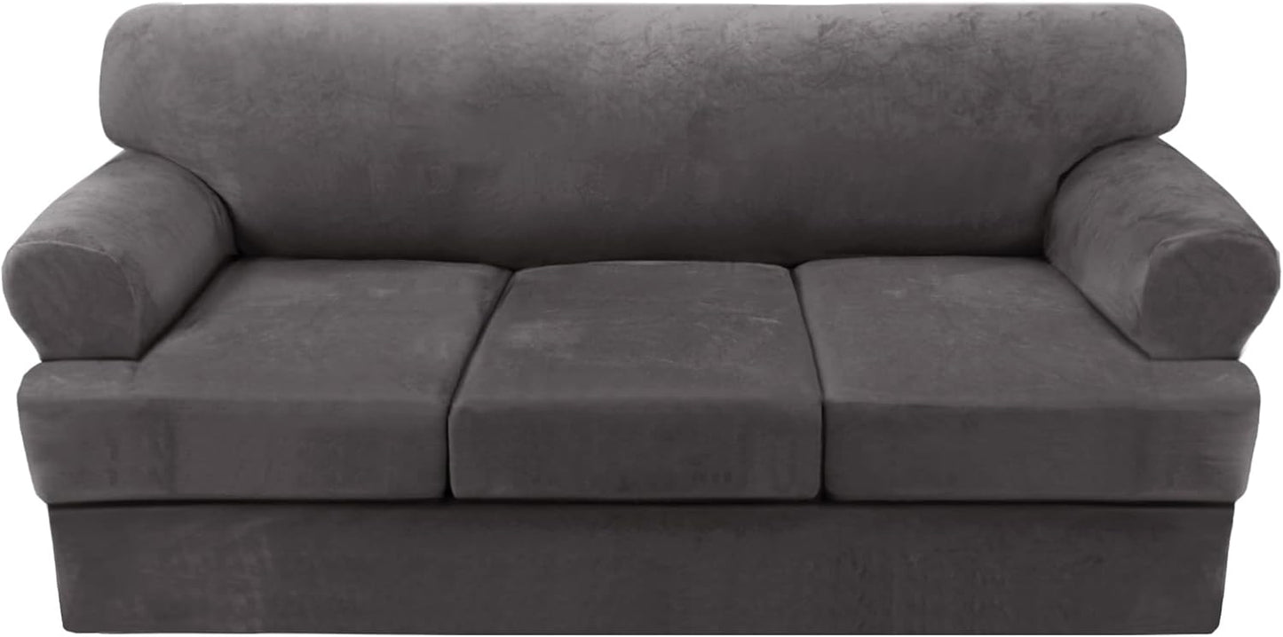 H.VERSAILTEX 4 Piece T Cushion Sofa Slipcovers Thick Velvet Stretch Couch Cover Furniture Protector for 3 Couch Covers with 3 Individual T Cushion Covers Washable, Grey