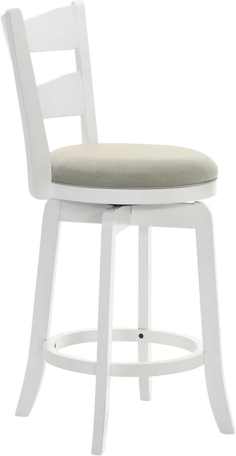 Armen Living Blair 26 in. Matte White Counter Height Rubberwood Swivel Barstool with Fog Fabric Seat - Set of 2