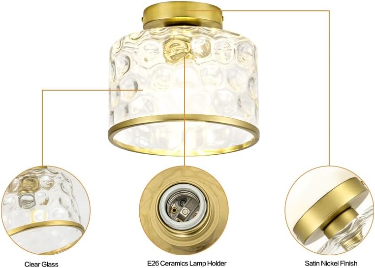 Gold Flush Mount Ceiling Light with Clear Hammered Glass lampshade, Farmhouse Ceiling Lights Fixture in Satin Brass for Kitchen Bathroom, Bulb not Included