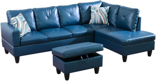 Deep Blue L-Shaped 3-Piece Faux Leather Sofa with Storage Ottoman Set, Sectional Couch Sofa Set for Living Room, Office, Small Space