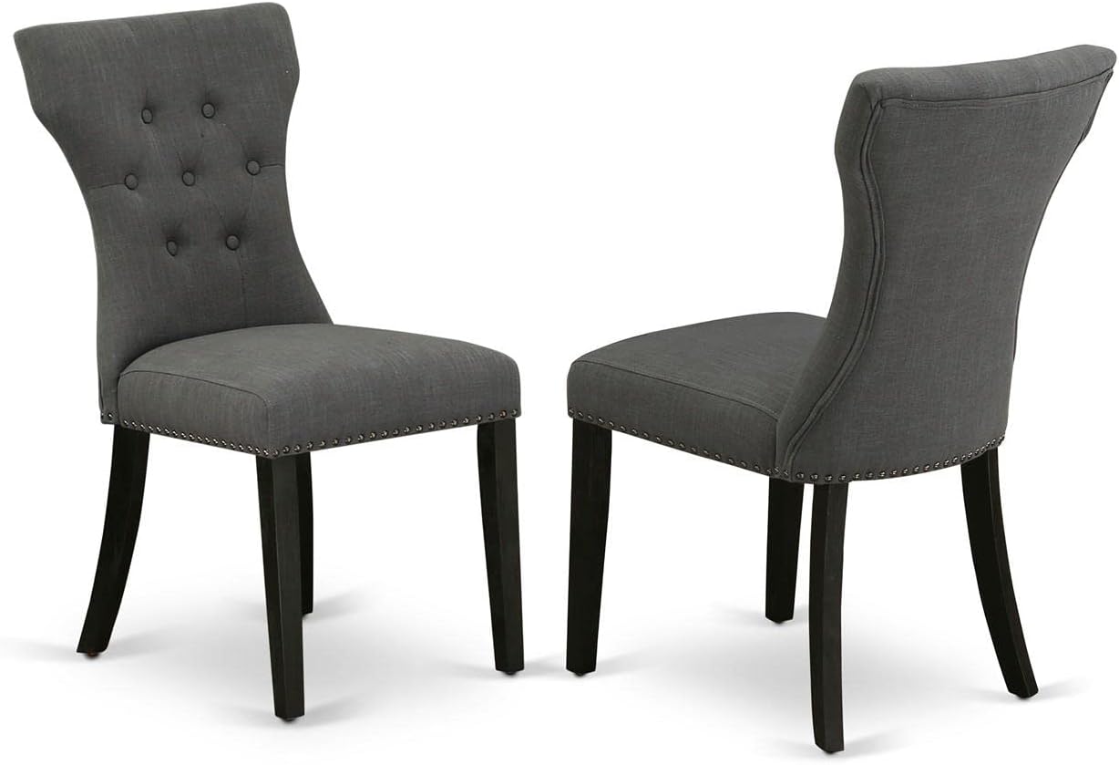 East West Furniture GAP6T50 Gallatin Parson Chairs - Button Tufted Nailhead Trim Dark Gotham Linen Fabric Upholstered Dining Chairs, Set of 2, Wirebrushed Black