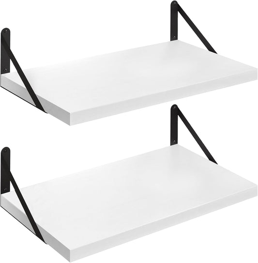 SAUMONIER Floating Shelves Bookshelf for Bedroom Bathroom Living Room Wood Wall Mounted Wide Deep Storage, White Painted 24 Inch Shelves Set of 2