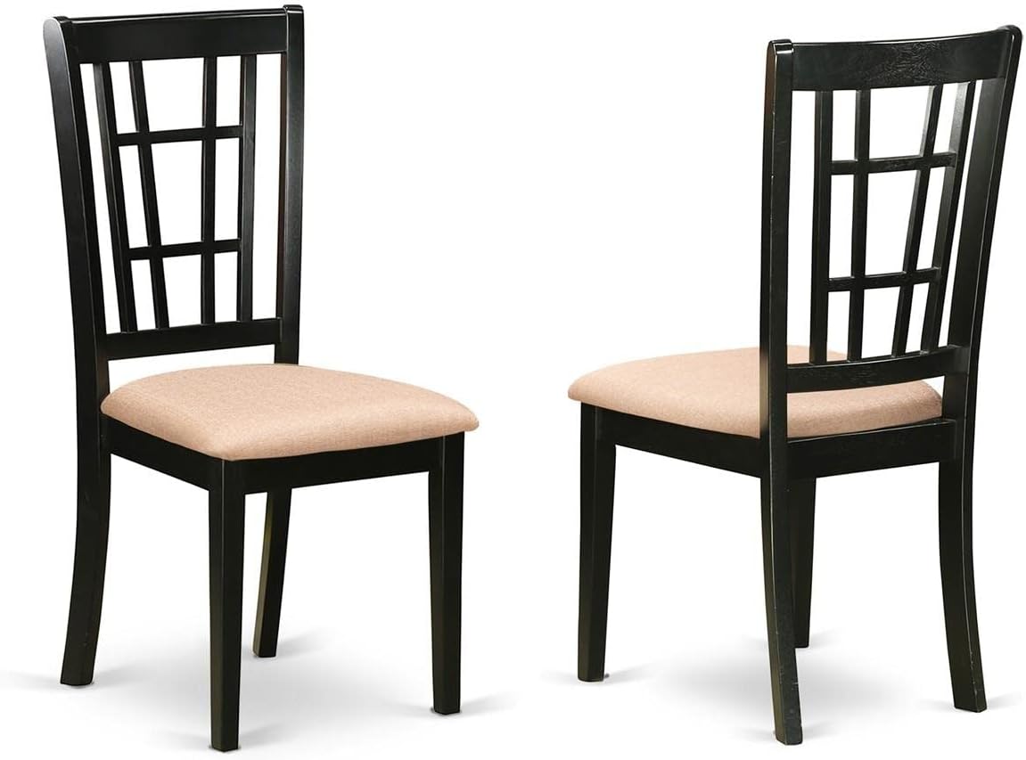East West Furniture SUNI3-BCH-C 3 Piece Kitchen Table Set Contains a Round Dining Room Table with Dropleaf & Shelves and 2 Linen Fabric Upholstered Dining Chairs, 42x42 Inch, Black & Cherry