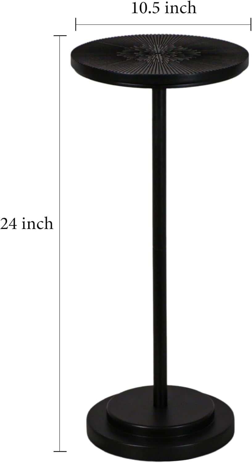 Drink Table, Carved Table Top Martini Table, Small Side Table, Weighted Base Pedestal Table for Living Room, Bedroom, Modern, Black, 1-Pack