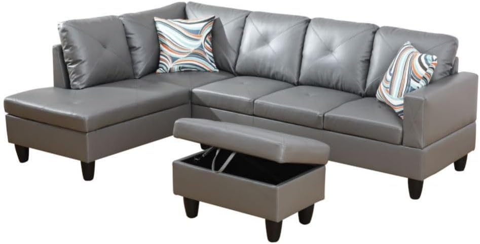 Dark Grey L-Shaped 3-Piece Faux Leather Sofa with Storage Ottoman Set, Sectional Couch Sofa Set for Living Room, Office, Small Space
