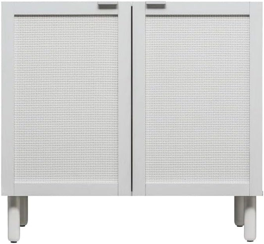 Sango Orre 2-Door Cabinet, Modern White Storage Cabinet with Synthetic Rattan Door Panels, Adjustable Shelf, Cylindrical Wood Legs, Discreet Finger Pulls, Elegant Furniture for Office or Living Room
