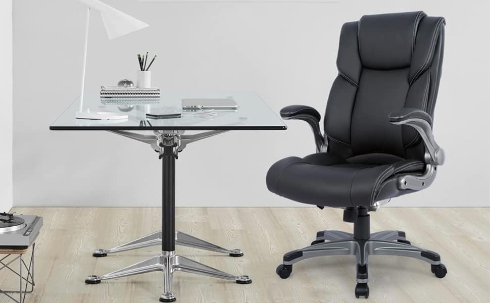 COLAMY Leather Executive Office Chair- High Back Home Computer Desk Chair with Padded Flip-up Arms, Adjustable Tilt Lock, Swivel Rolling Ergonomic Chair for Adult Working Study-Black, Set of 2