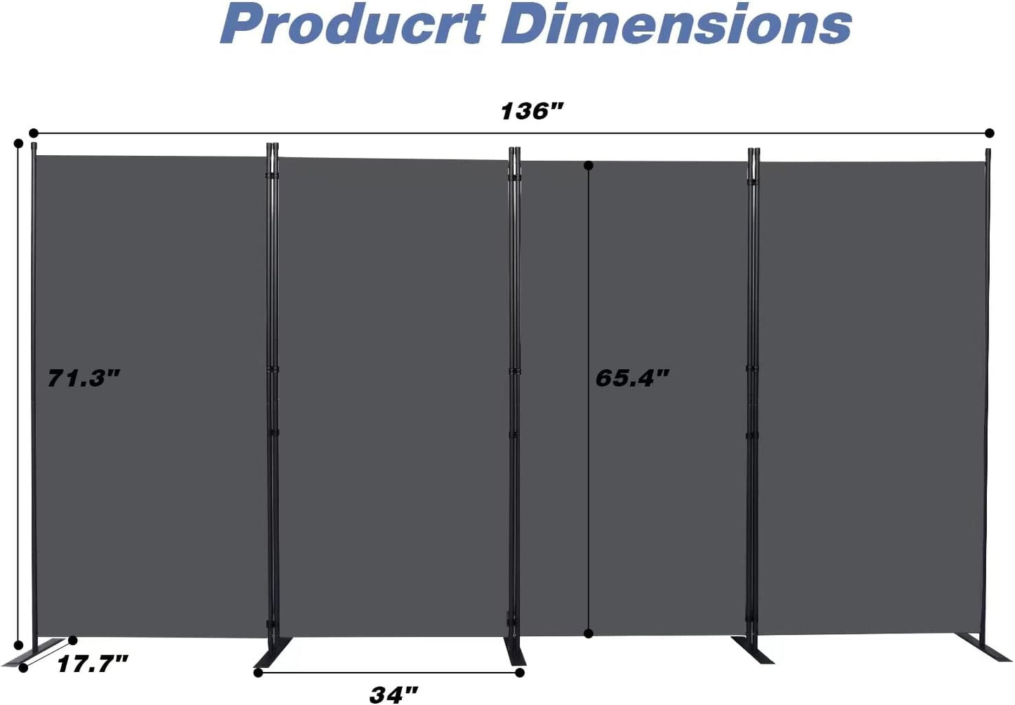 Room Divider, 4 Panel Folding Privacy Screens with Wider Support Feet, 6 Ft Portable Room Partition for Room Separator, 136" W X 71" H,Grey