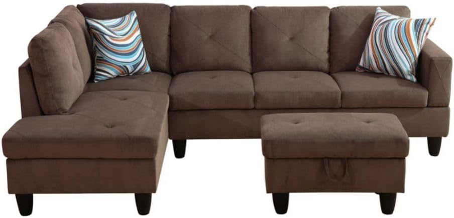 Brown L-Shaped 3-Piece Corduroy Fabric Sofa with Storage Ottoman Set, Sectional Couch Sofa Set for Living Room, Office, Small Space
