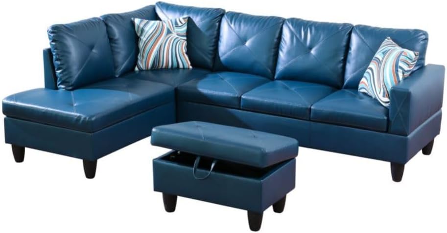 Deep Blue L-Shaped 3-Piece Faux Leather Sofa with Storage Ottoman Set, Sectional Couch Sofa Set for Living Room, Office, Small Space