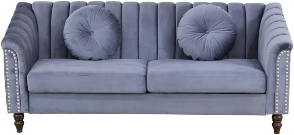 Sectional Sofa Set, Microfiber Chesterfield Upholstered Sofas Loveseat Couch Chair Sets with Style Button Tufted, Scroll Arms and Nailhead for Living Room, Office, Apartment, Grey,S