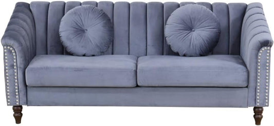 Sectional Sofa Set, Microfiber Chesterfield Upholstered Sofas Loveseat Couch Chair Sets with Style Button Tufted, Scroll Arms and Nailhead for Living Room, Office, Apartment, Grey,S