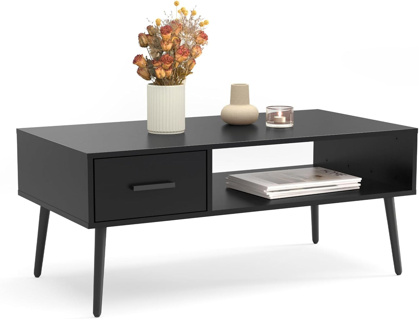 HAIOOU Coffee Table, Mid Century Modern Style Cocktail Table TV Stand with Drawer, Open Storage Shelf, Stable Floor-Anti-Scratching Pine Leg for Home, Office, Living Room - Black