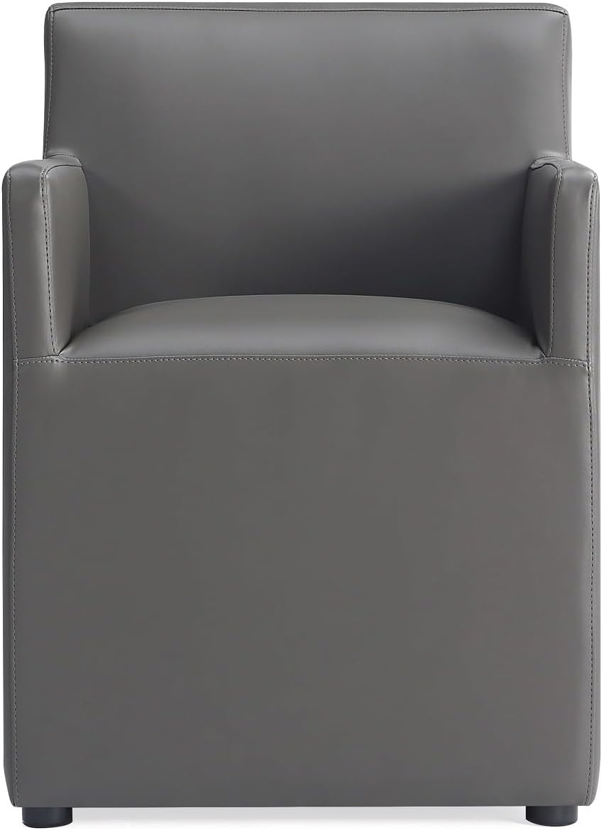 Manhattan Comfort Anna Square Modern Dining Chair with Arms, Head-to-Toe Faux Leather Upholstered Accent Armchair with Plastic Foot Padding, Set of 2, Pewter
