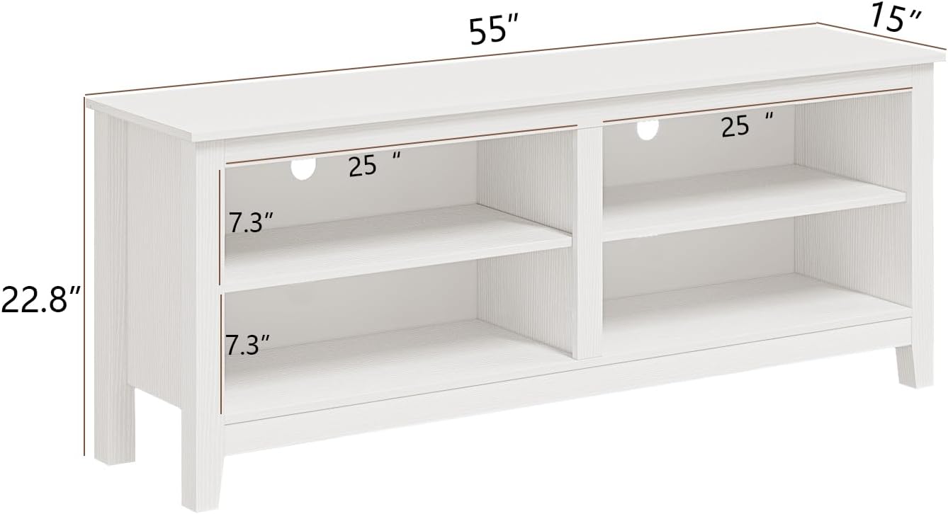 Modern TV Stand for 65 inch TV, White Wood TV Cabinet with 4 Open Storage Shelves, Fits 50-65 Inch TVs, 55 Inches W x 15 Inches D x 22.8 Inches H