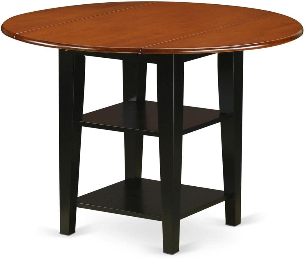East West Furniture SUNI3-BCH-LC 3 Piece Kitchen Table Set Contains a Round Dining Table with Dropleaf & Shelves and 2 Faux Leather Dining Room Chairs, 42x42 Inch, Black & Cherry