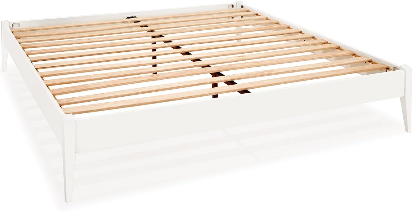 Bme Dinkee Signature Ivory White King Bed Frame Without Headboard - Modern & Minimalist Style with Acacia Wood - 12 Strong Wood Slat Support - Easy Assembly - No Box Spring Needed
