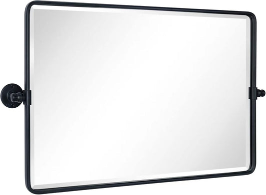 TEHOME 20x33'' Horizontal Farmhouse Black Metal Framed Rounded Pivot Rectangle Bathroom Mirror Tilting Beveled Vanity Mirrors for Wall