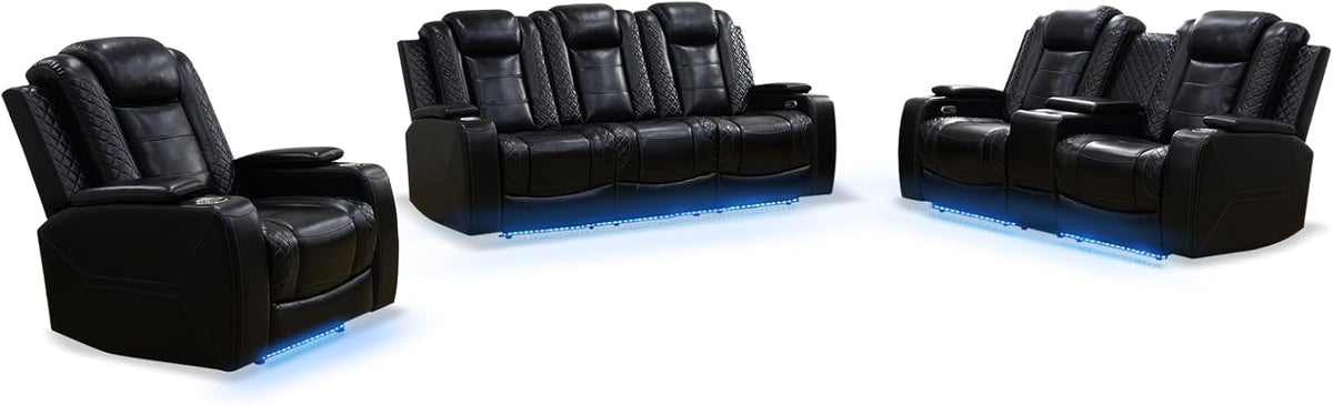 3+2+1 PU Leather Power Sectional Sofa Set, Living Room Furniture, Reclining Couch, Loveseat, Chair with LED Light/USB Ports/Storage Armrests/Center Console/Cup Holders/Wireless Chargers/Coffee Table