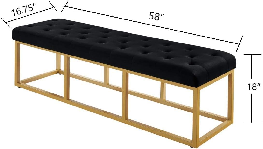 24KF Upholstered Tufted Long Bench with Golden Metal Leg, Black Velvet Bench with Padded Seat-Black