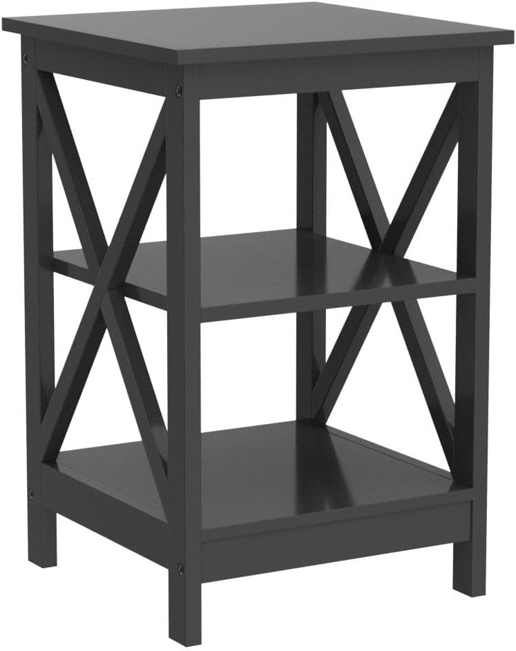 Yaheetech Black End Table Set of 2, 16x16x24 in Sturdy 3-Tier Side Tables with Storage Shelf & Solid Wood Legs, 2Pcs X-Design Modern Sofa Side Table for Living Room Office, Easy Assembly