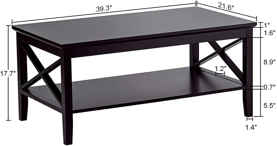ChooChoo Oxford Coffee Table with Thicker Legs, Black Wood Coffee Table with Storage for Living Room