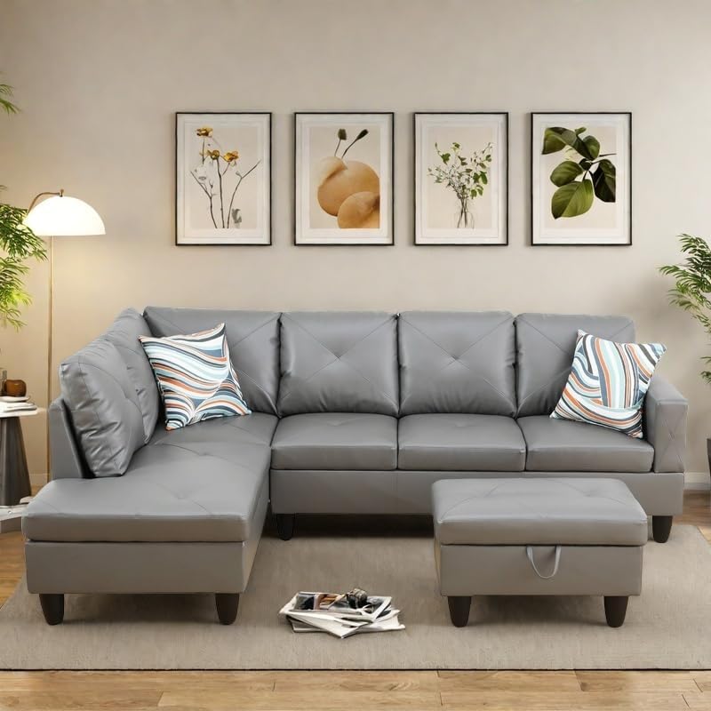 NAYSAYE L Shaped Couch, Leather Modular Sectional Couch with Ottoman Storage, Modern Lounge Sofa Convertible Sectional Couches for Living Room, Apartment, Dark Grey