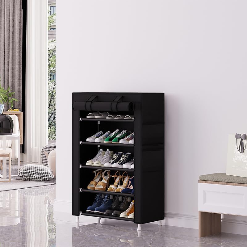 Calmootey 5 Tier Shoe Rack Organizer,Portable Shoe Shelf with Nonwoven Fabric Cover for Closet Hallway,Bedroom,Entryway,Black