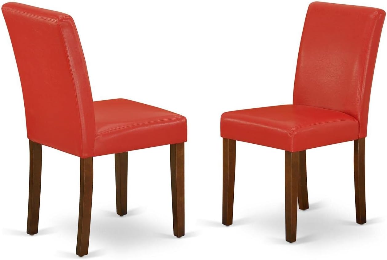 East West Furniture ANAB5-MAH-72 5 Piece Dining Table Set Includes a Round Dining Room Table with Pedestal and 4 Firebrick Red Faux Leather Parsons Chairs, 36x36 Inch, Mahogany
