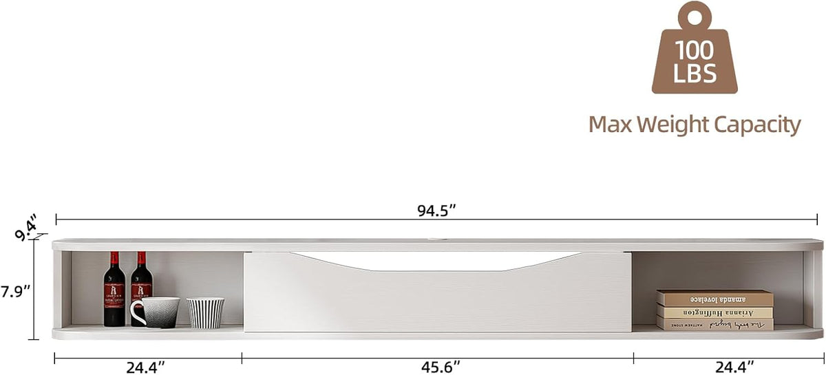 Floating TV Stand,94'' Wall Mounted TV Cabinet,Floating TV Console,Under TV Shelf with 1 Door and 2 Cabinets for TVs up to 90''(White)