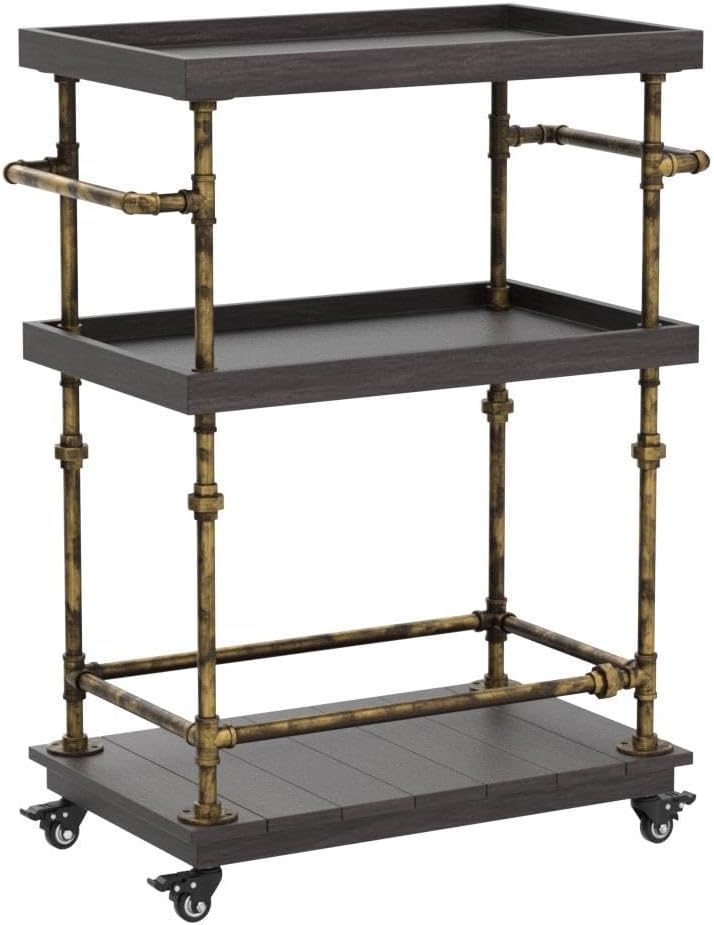 Industrial Bar Cart, 3-Tier Serving Cart Creates with Solid Wood and Metal Pipe Frame, Rustic Style Wide Bar Cart Wine Rack with Wheels (3-Tier)