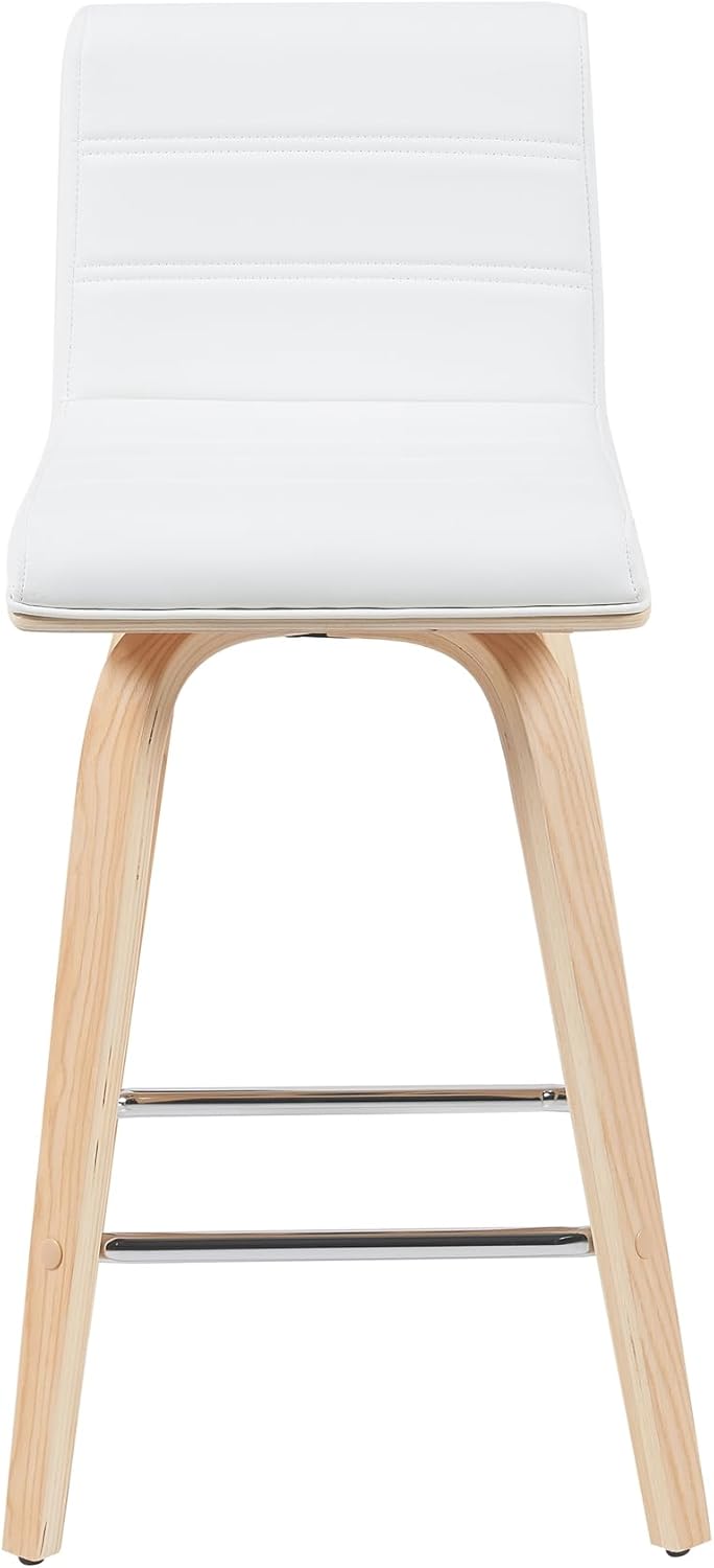 Armen Living Vienna Modern Swivel 26" Counter Height Barstool with White Faux Leather and Patterned Oak Wood Finish