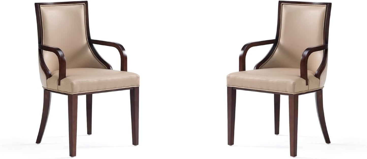 Manhattan Comfort Grand Faux Leather Dining Chairs with Arms, Padded Wingback Seat, Fine Rectangular Stitching and Solid Wood Frame, Set of 2, Tan